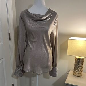 Shimmering Champagne colored Blouse with Button Detail and cowl neck feature